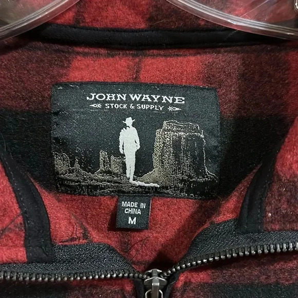 John Wayne Stock & Supply Red Black Buffalo Check 1/4 Zip. Fleece Henley Medium - Picture 2 of 5